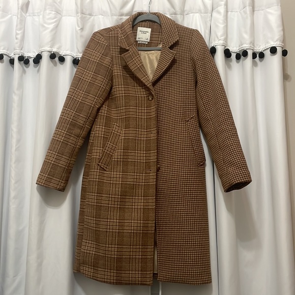 Abercrombie Wool Blend Dad Coat XS - light brown plaid and houndstooth pattern - Picture 5 of 7